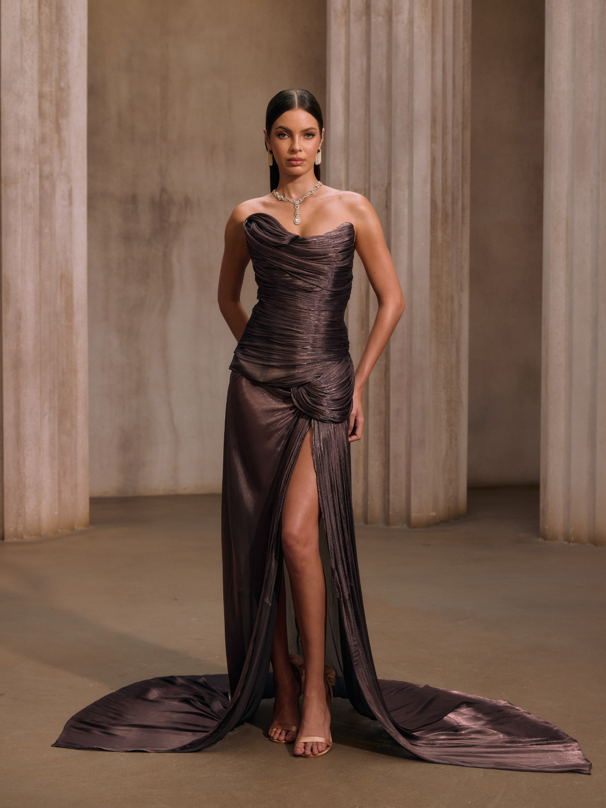M Kawasakix Strapless Ruched Split Maxi Dress In Mauve Brown