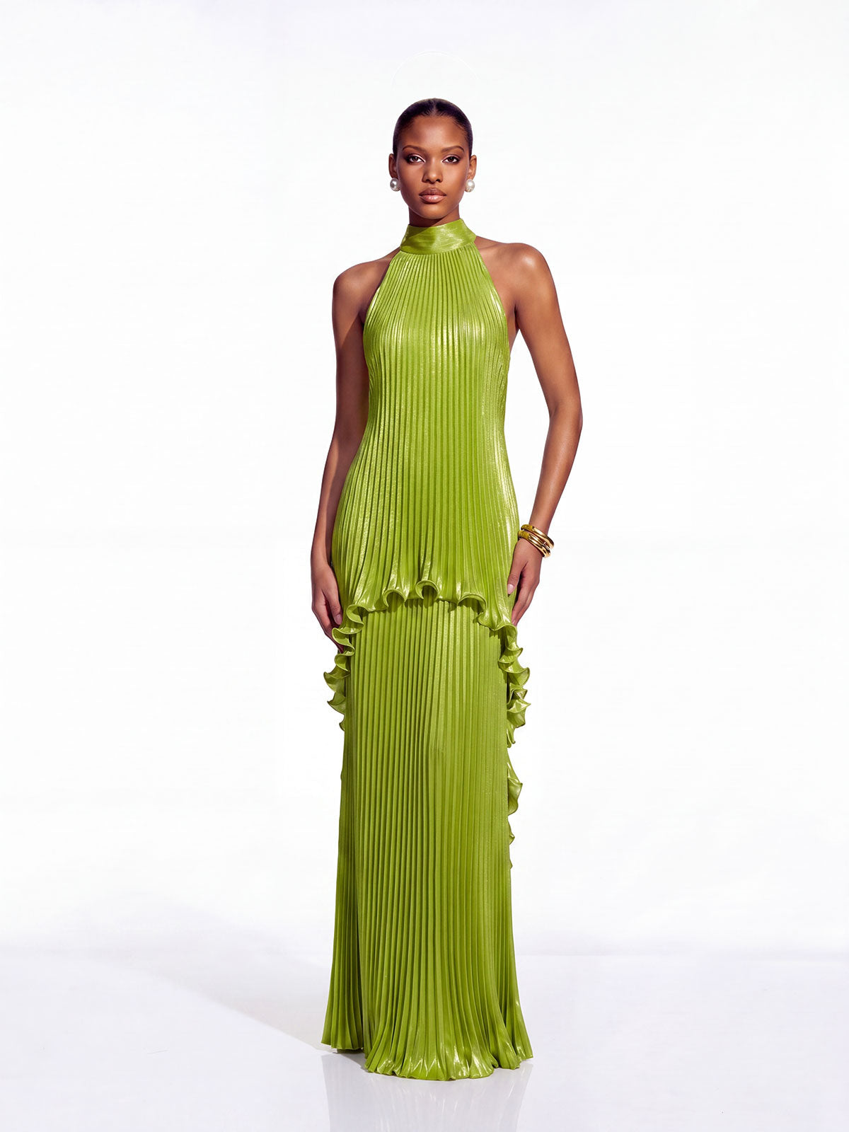 green pleated dress Sorynex Metallic Maxi In Chartreuse – Mew Mews Dark