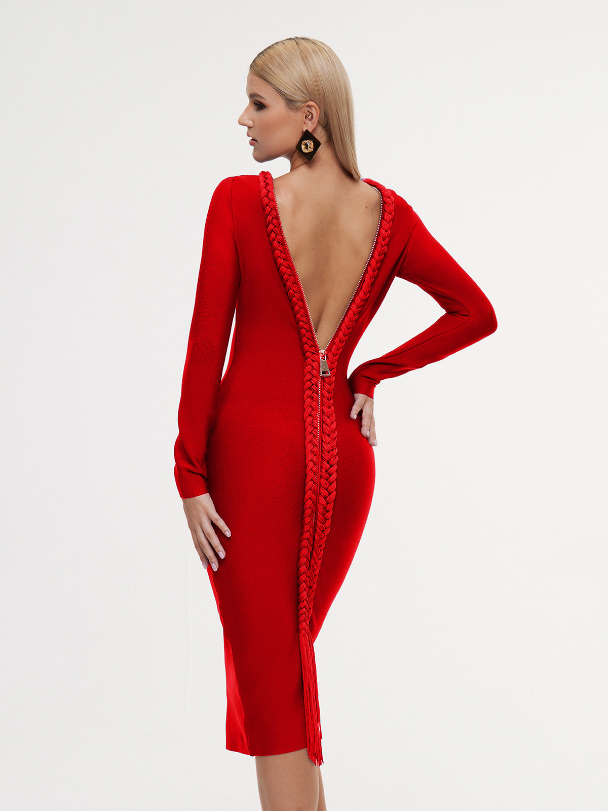 Mew Mews Eddyron Long Sleeve Bandage Midi Dress In Red Mew Mews Eddyron Long Sleeve Bandage Midi Dress In Red