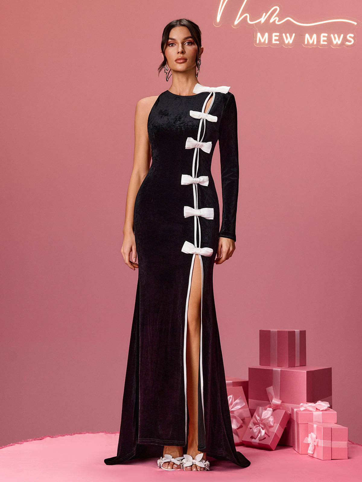Aldith One Shoulder Bow Velvet Dress – Mew Mews