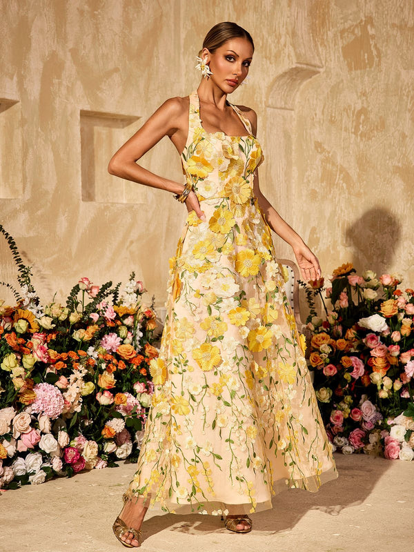 Mew Mews Alirio Halterneck Embroidered Flower Maxi Dress Mew Mews Alirio Halterneck Embroidered Flower Maxi Dress