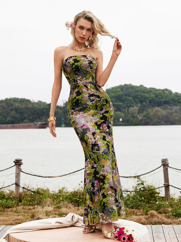 Asa Strapless Floral Sequin Maxi Dress
