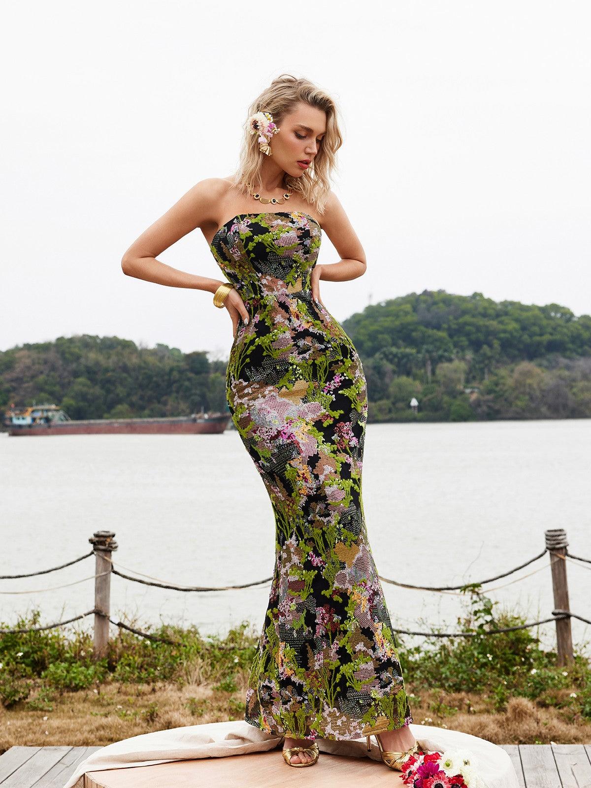 Asa Strapless Floral Sequin Maxi Dress – Mew Mews Fashion