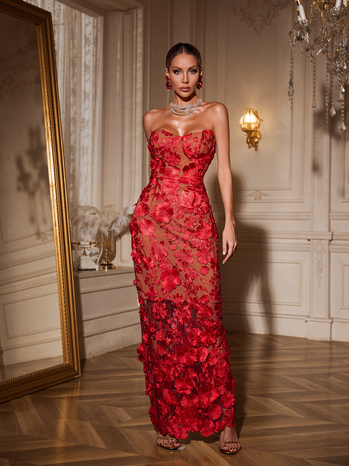 Mew Mews Avital Strapless Flower Maxi Dress In Red Mew Mews Avital Strapless Flower Maxi Dress In Red