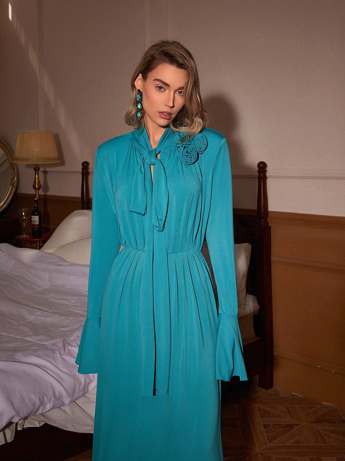 Benton Long Sleeve Flower Embellished Maxi Dress In Blue – Mew Mews Fashion