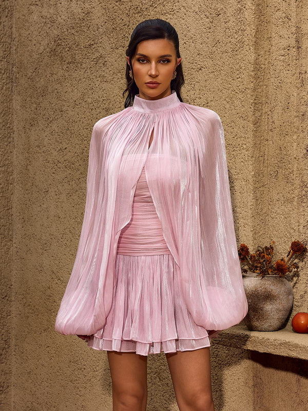 ruched balloon sleeve dress Oasis Women's Satin Ruched Waist High Neck Balloon Sleeve Mini Dress in Merlot