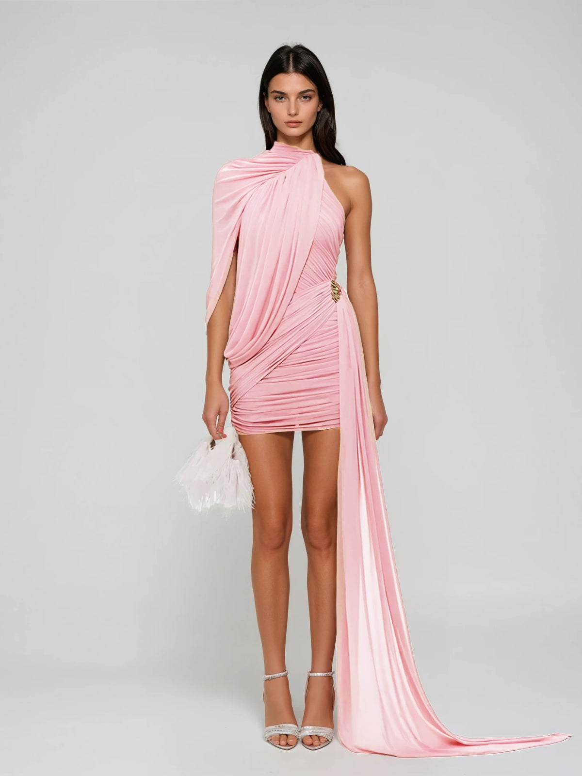 Dunia One Shoulder Asymmetric Draped Mini Dress In Pink S