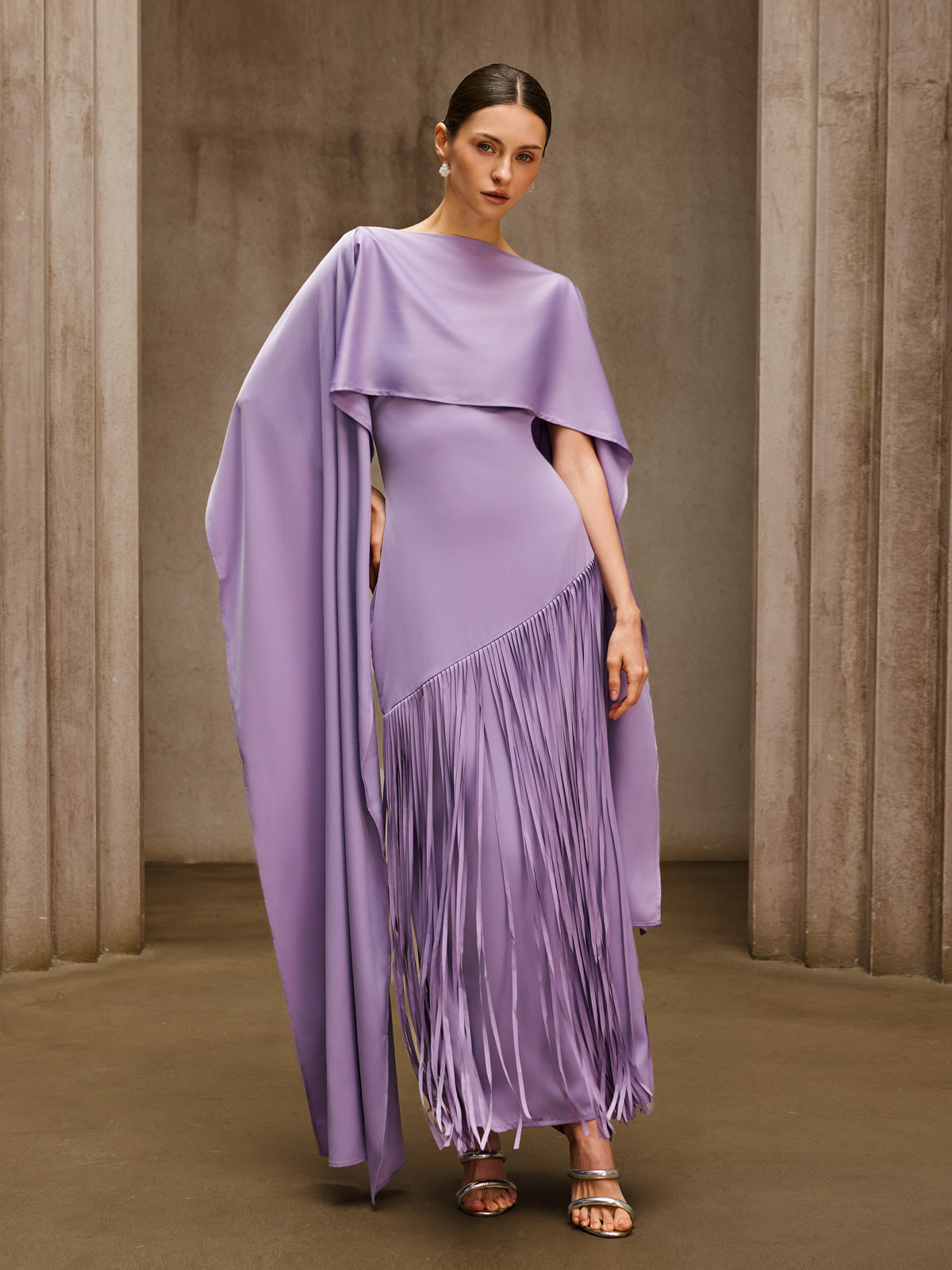 Mew Mews Cindara Shawl Fringe Maxi Dress In Purple