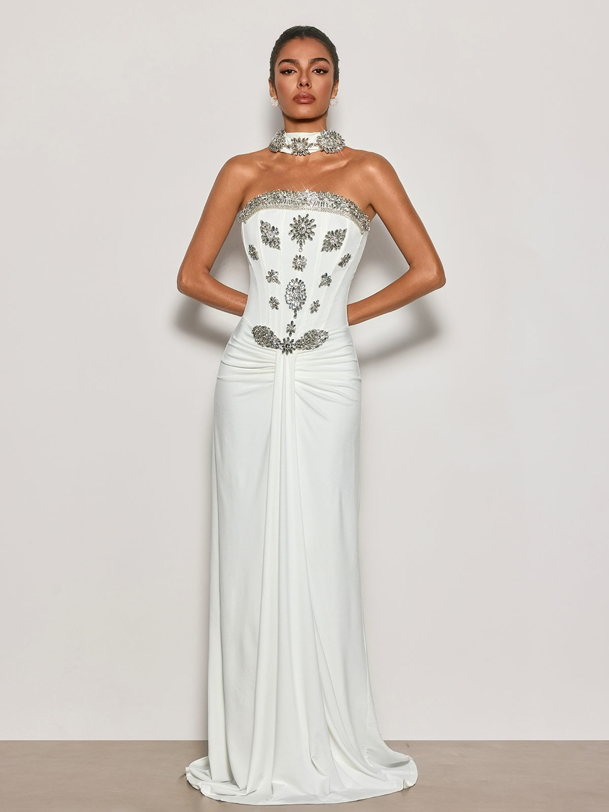 strapless scarf maxi dress Mew Mews Cyrila Strapless Crystal Scarf Maxi Dress