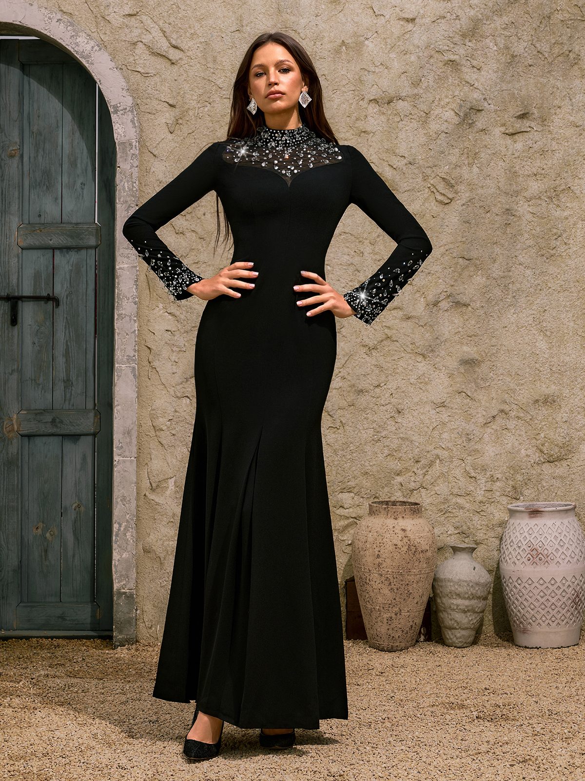 diamond maxi dress Mew Mews Dhyana Long Sleeve Diamond Maxi Dress