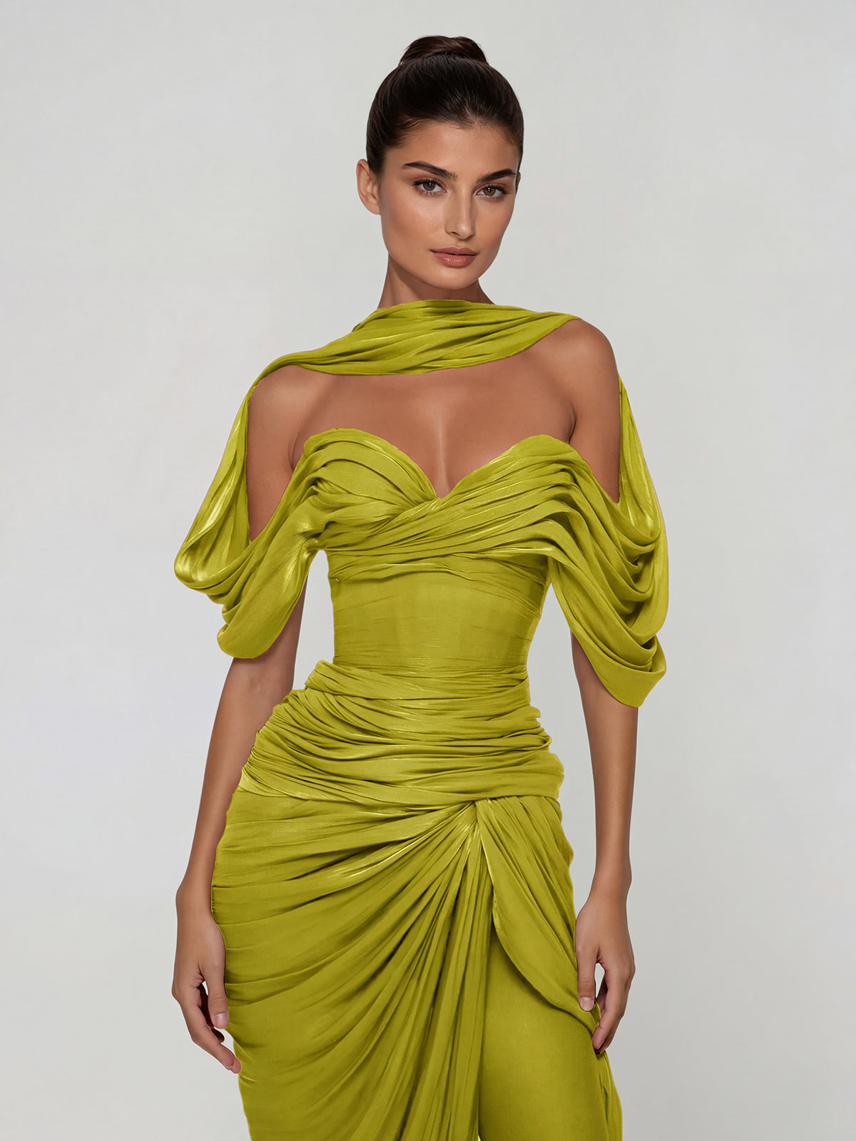 Mew Mews Drexen Off Shoulder Draped Maxi Dress In Chartreuse