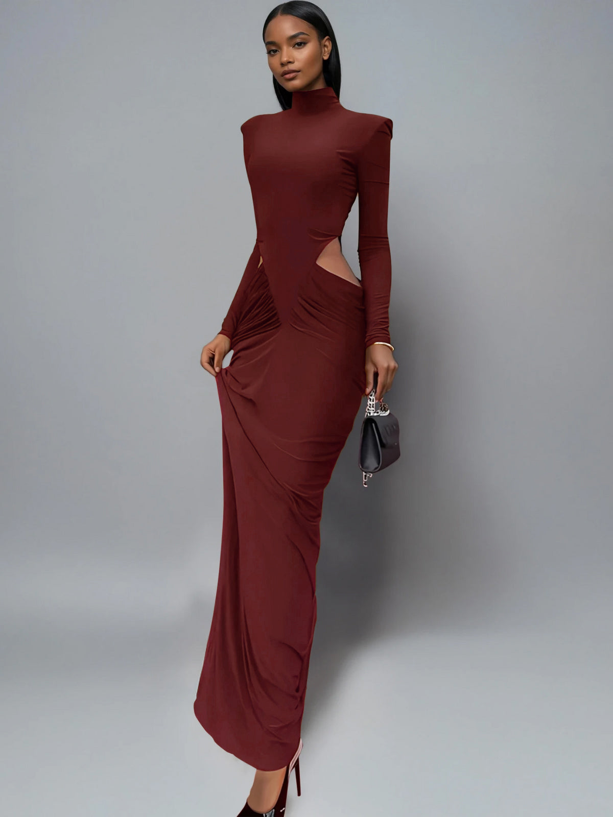 high neck cut out maxi dress Roseth | Black High-Neck Maxi Dress With Removable Cape