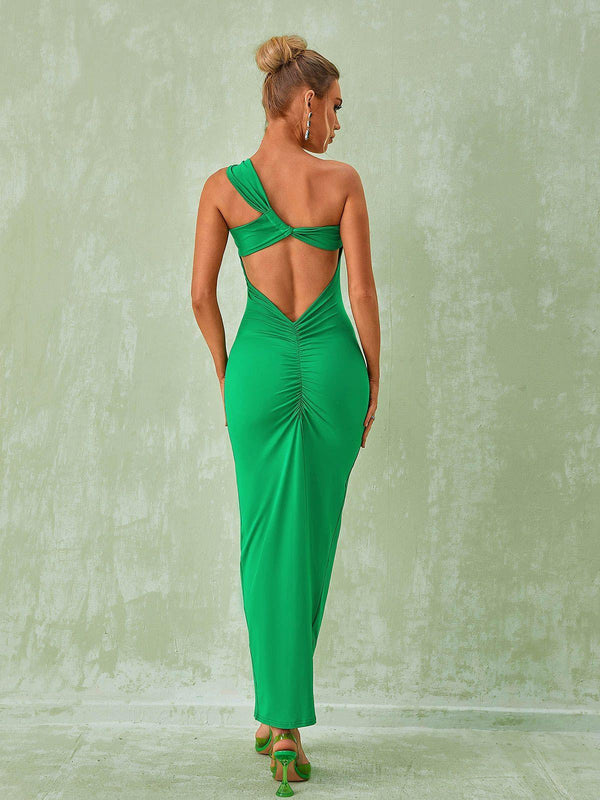 Emi One Shoulder Backless Maxi Dress In Green Mew Mews Emi One Shoulder Backless Maxi Dress In Green Mew Mews