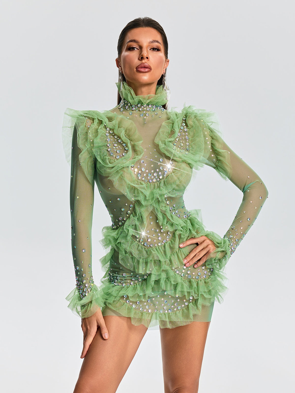 Mew Mews Euodia High Neck Tulle Ruffle Mesh Dress
