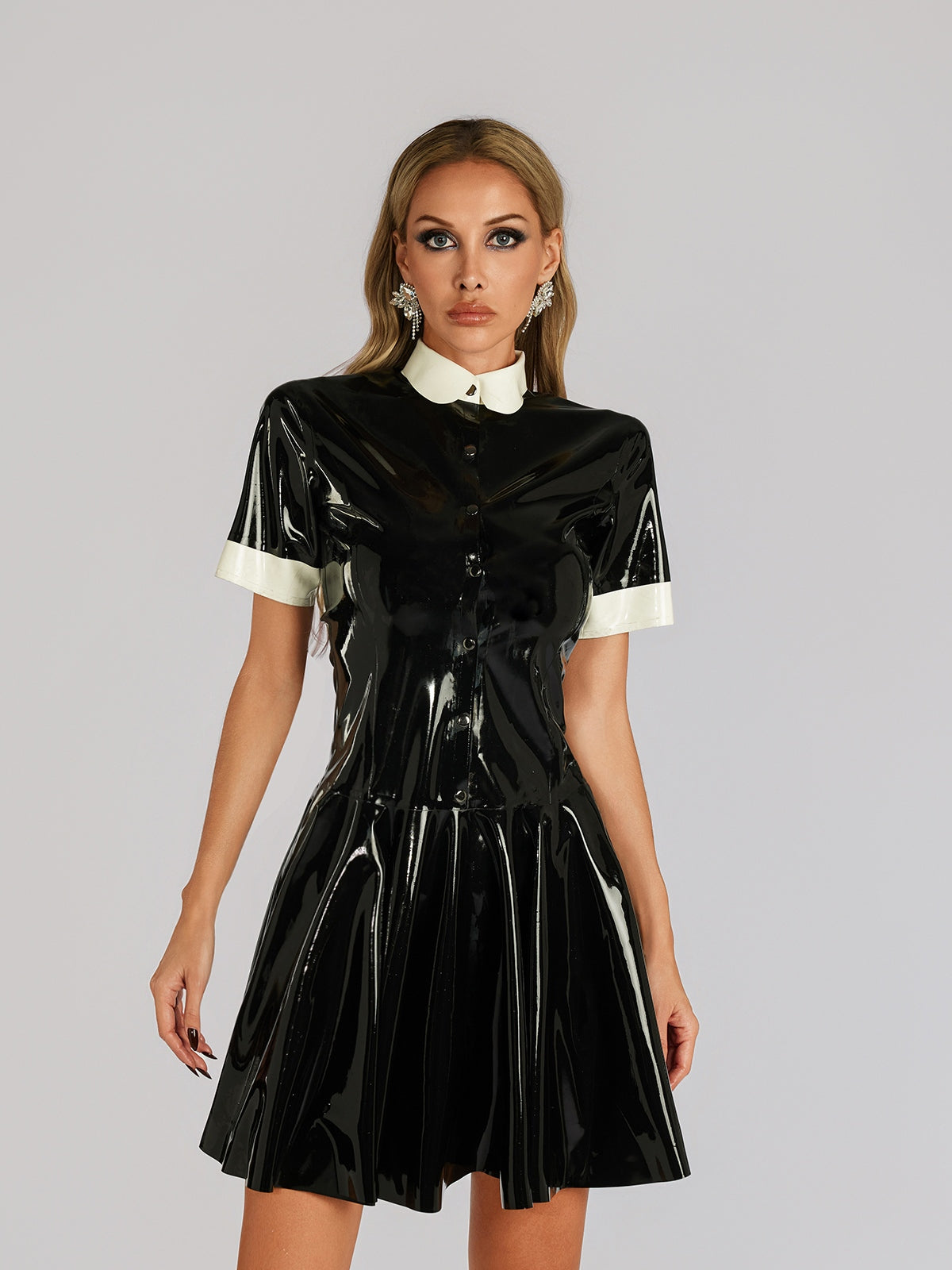black latex dress Mew Mews Farhad Short Sleeve Shoes To Wear With gloss latex THEAREXTB0626 Color:matt dark grey