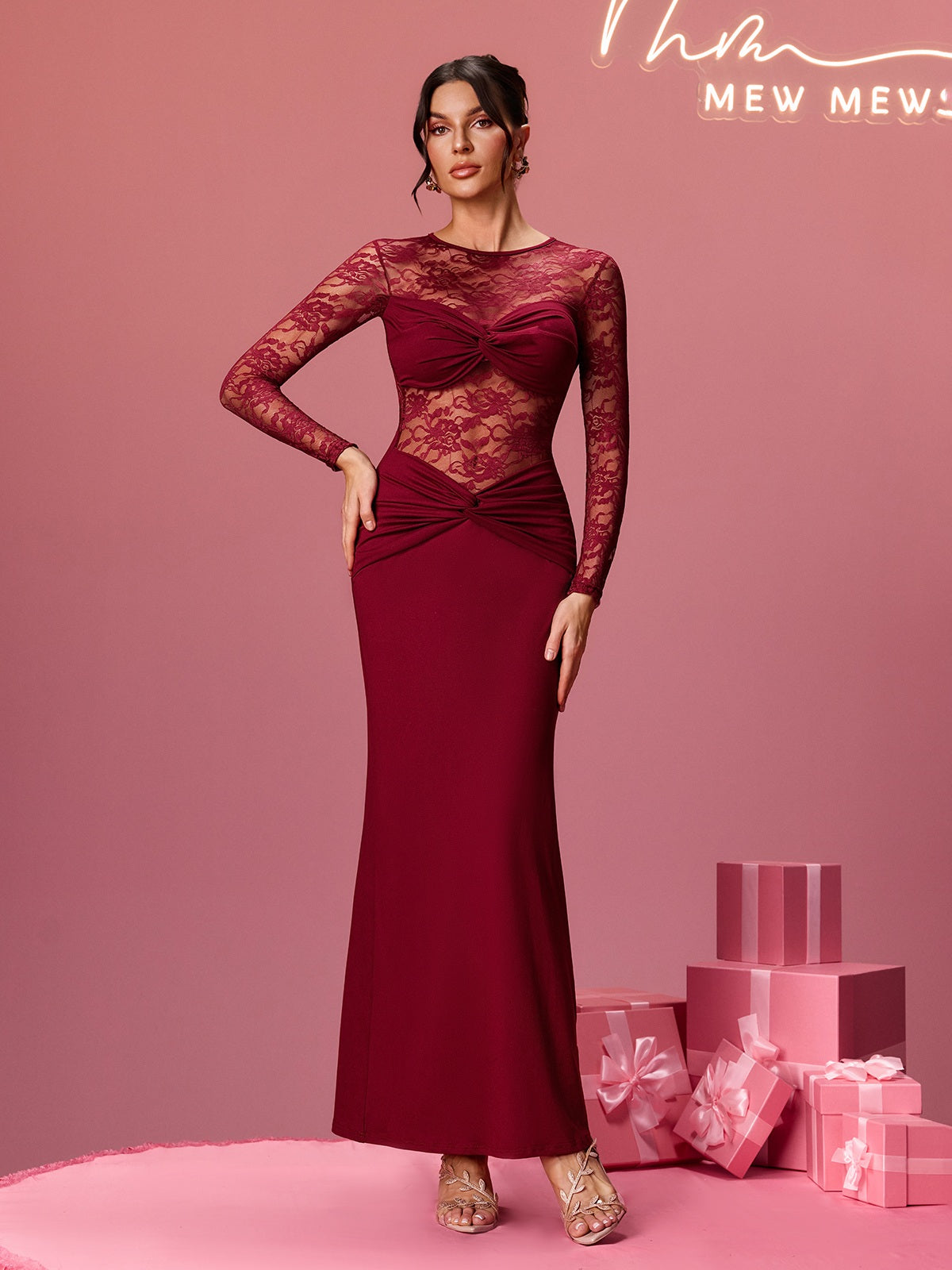 chinese dress ladies CHELSEA GUIPURE LACE AND TAFFETA GOWN IN RED | CULT MIA main image 1