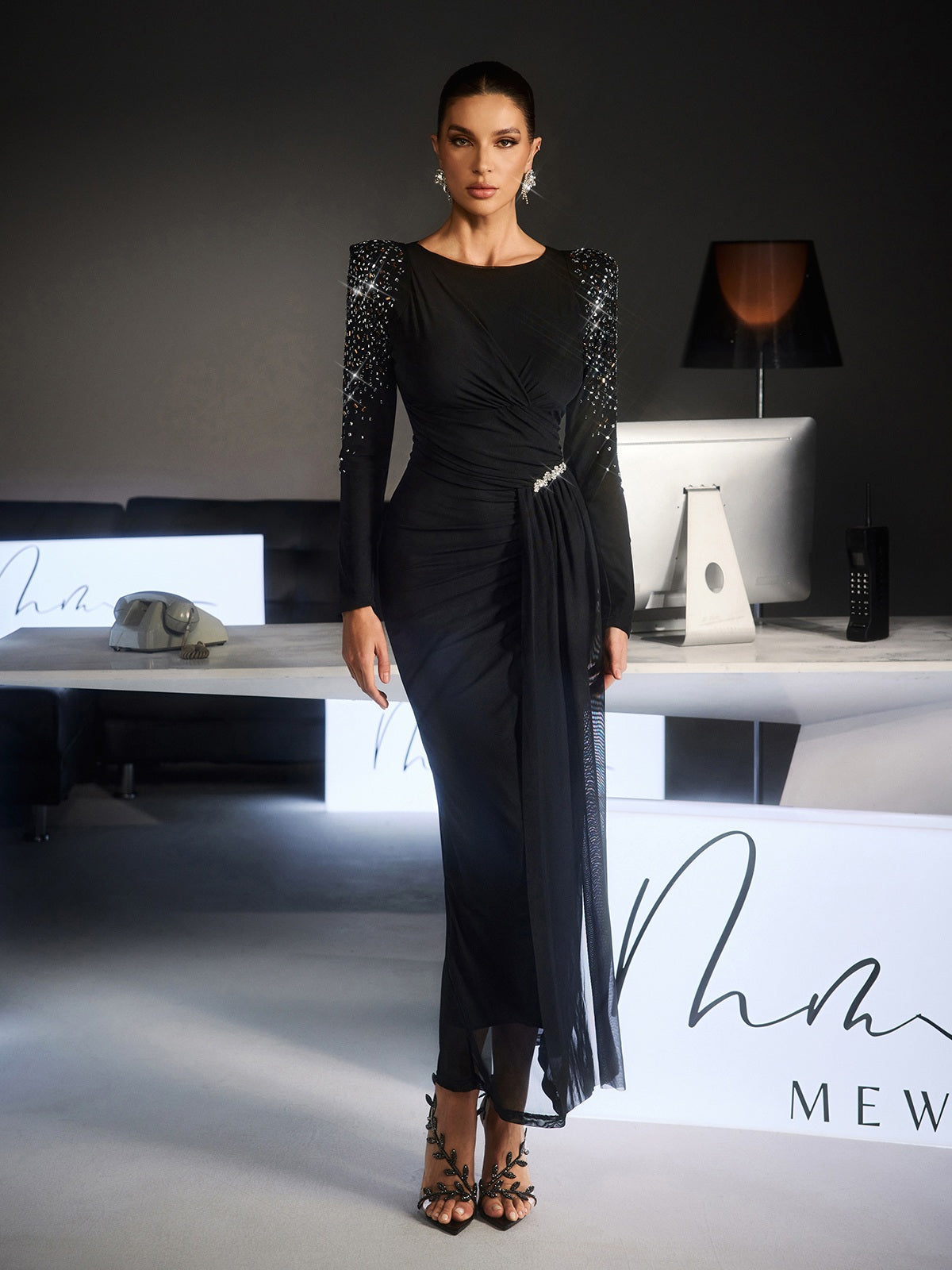 Fianna Long Slevee Ruched Rhinestone Maxi Dress  Mew Mews