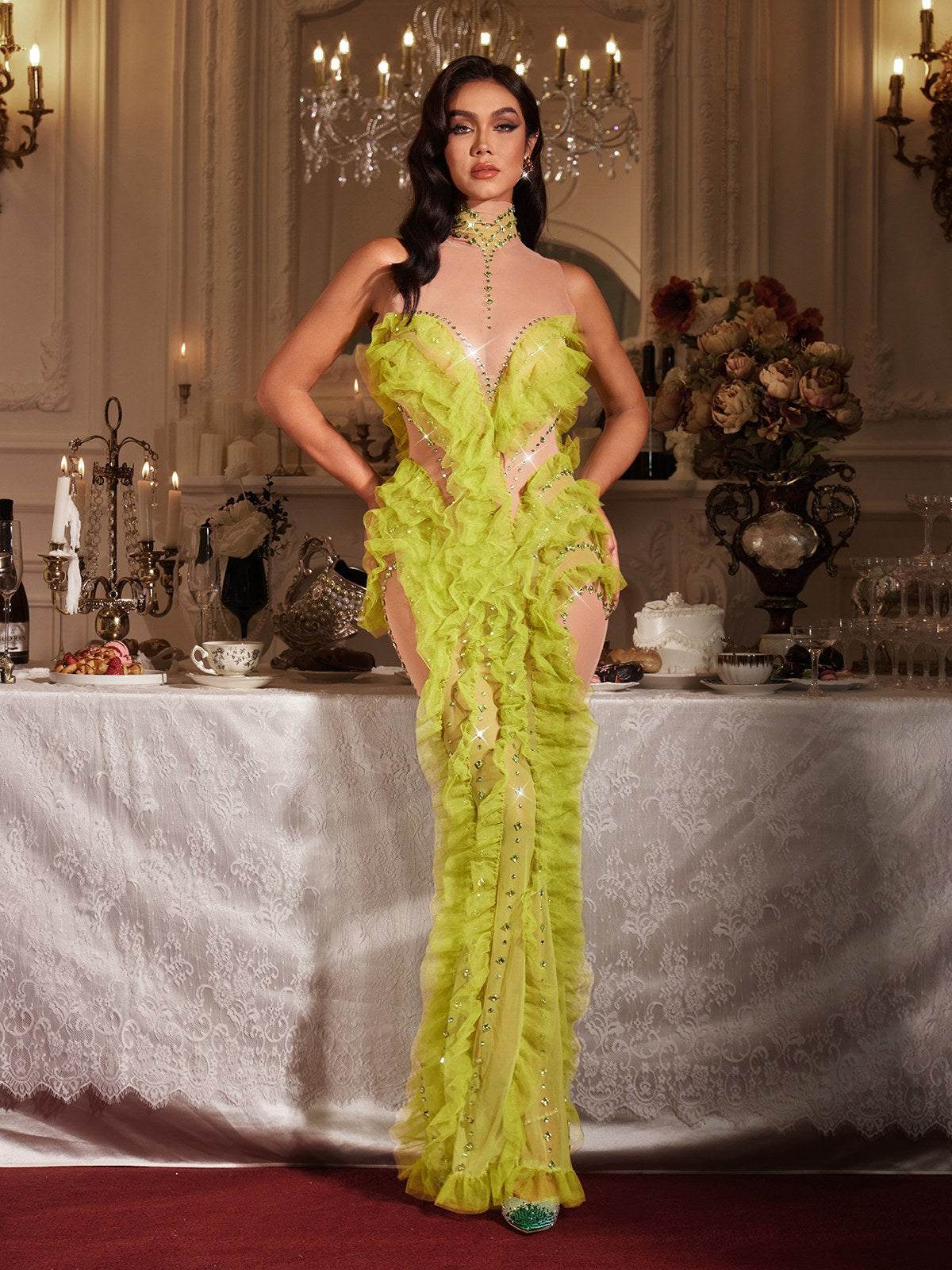 Mew Mews Finnick High Neck Rhinestone Ruffle Maxi Dress In Chartreuse