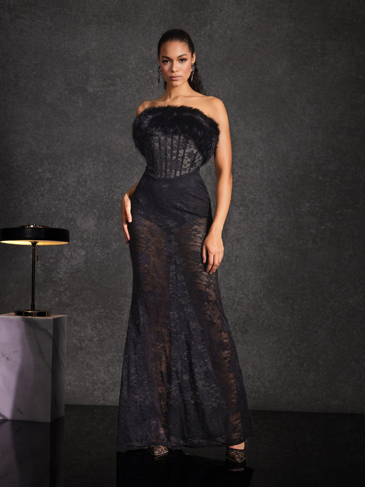Floella Strapless Faux Fur Lace Maxi Dress – Mew Mews