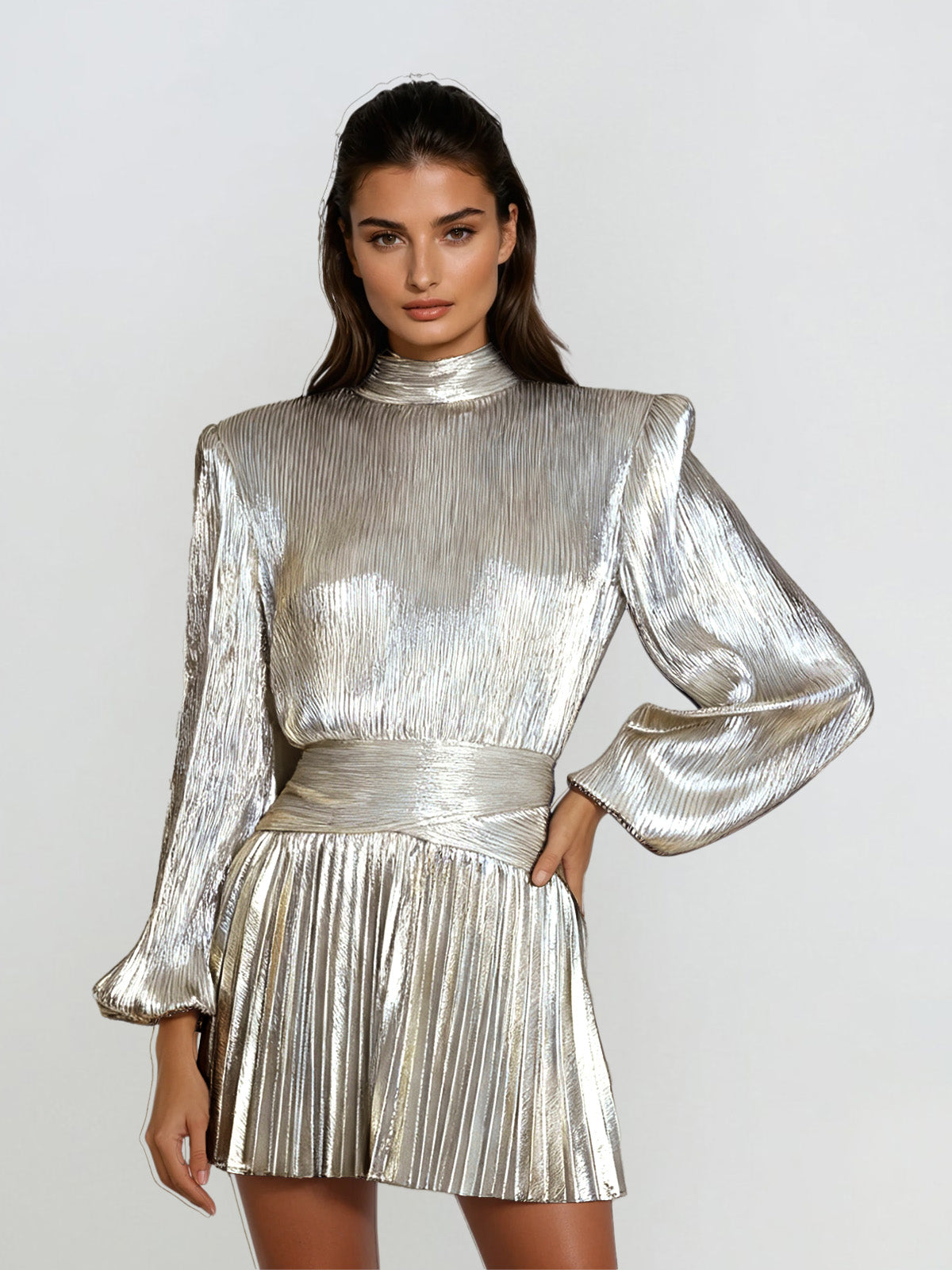 metallic pleated mini dress Mew Mews Hamilton Pleated Metallic Dress In Silver