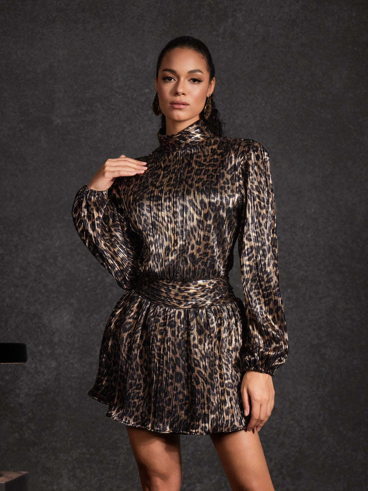 leopard metallic dress Mew Mews Hamilton Pleated Metallic Dress In Leopard