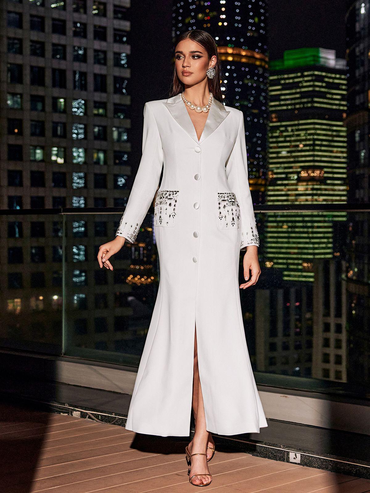 blazer dress white Satin Collar - Crystal Exquisite craftsmanship meets elegance in this heavy Mew Mews Hassan Rhinestone Blazer