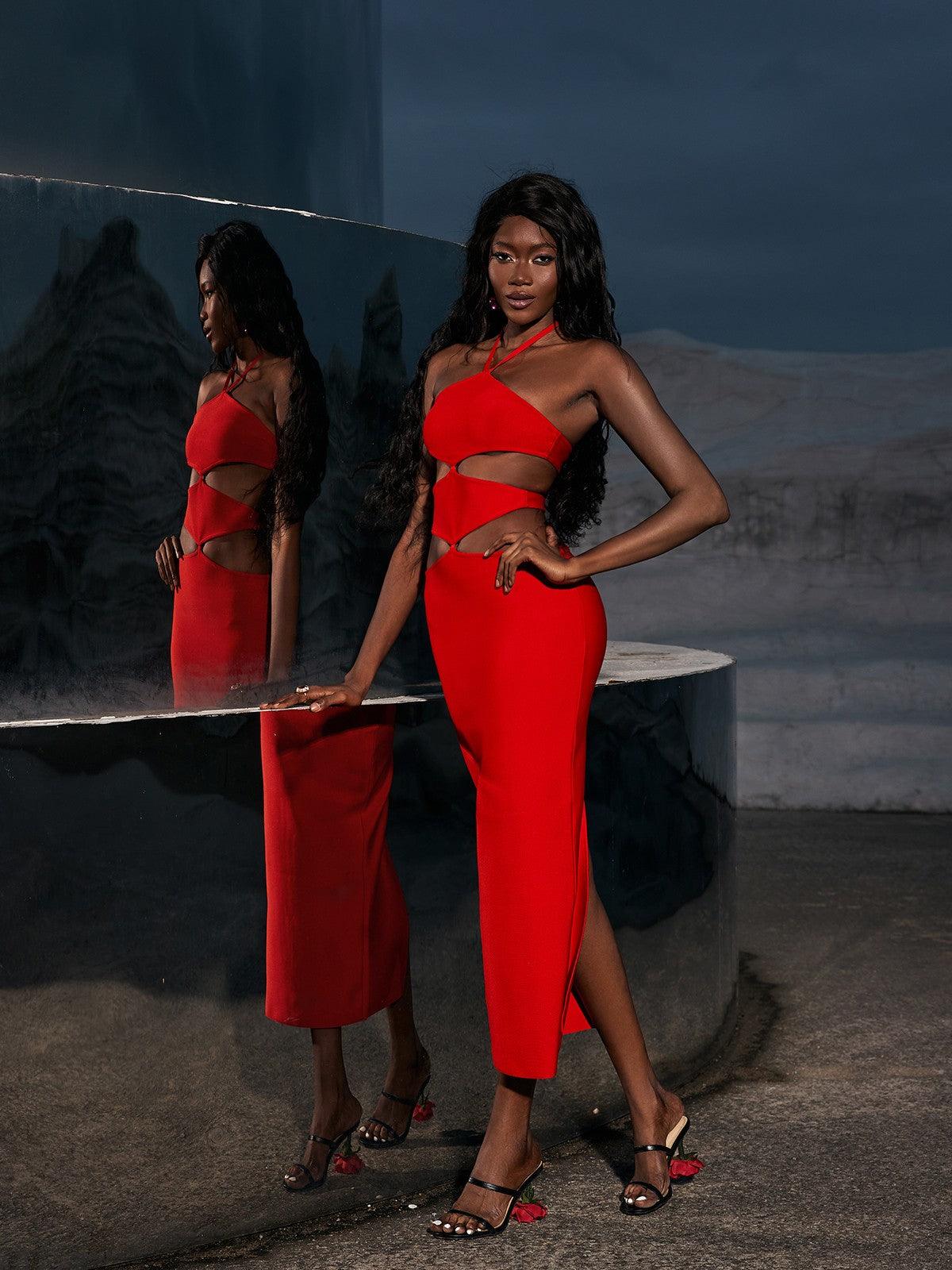 Hedwig Cutout High Split Bandage Dress In Red – Mew Mews