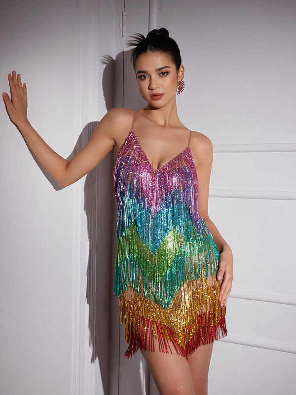 Indy V Neck Rainbow Crystal Fringe Mini Dress - XL Indy V Neck Rainbow Crystal Fringe Mini Dress - XL