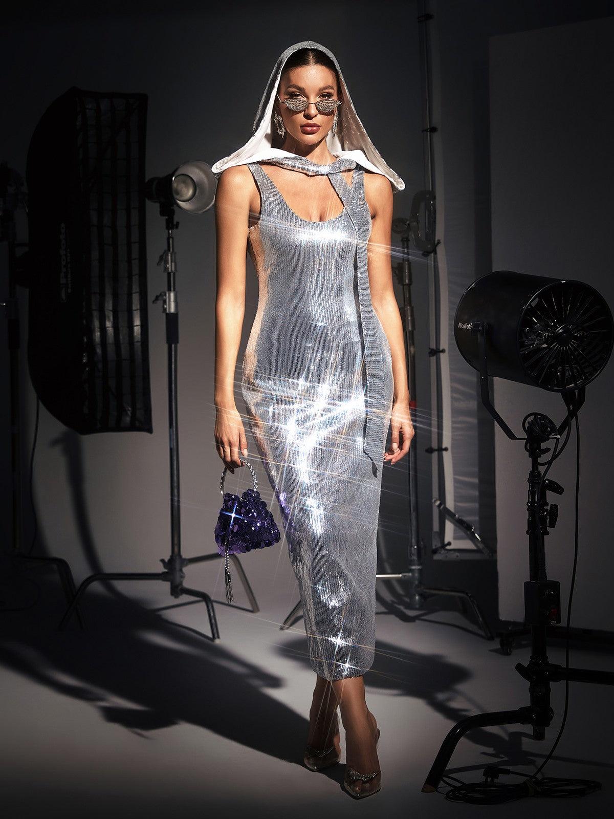 Jafna Drape Back Silver Sequin Hooded Dress – Mew Mews Fashion