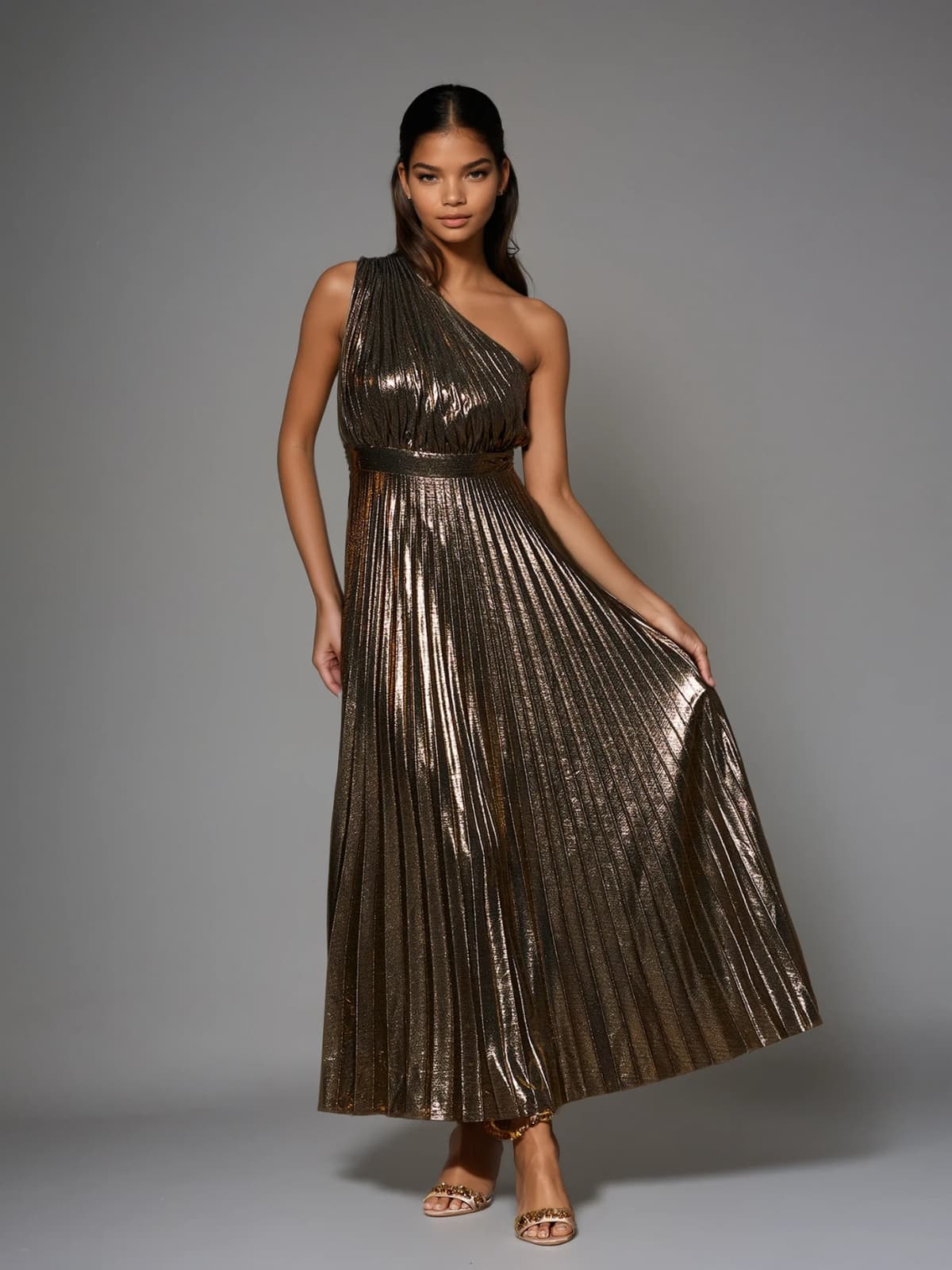 Kaleen One Shoulder Metallic Maxi Dress In Gold Mew Mews Kaleen One Shoulder Metallic Maxi Dress In Gold Mew Mews