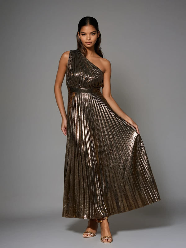 Mew Mews Kaleen One Shoulder Metallic Maxi Dress In Gold