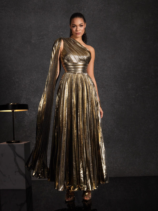 one shoulder metallic dress Kaleen One Shoulder Pleated Metallic Dress