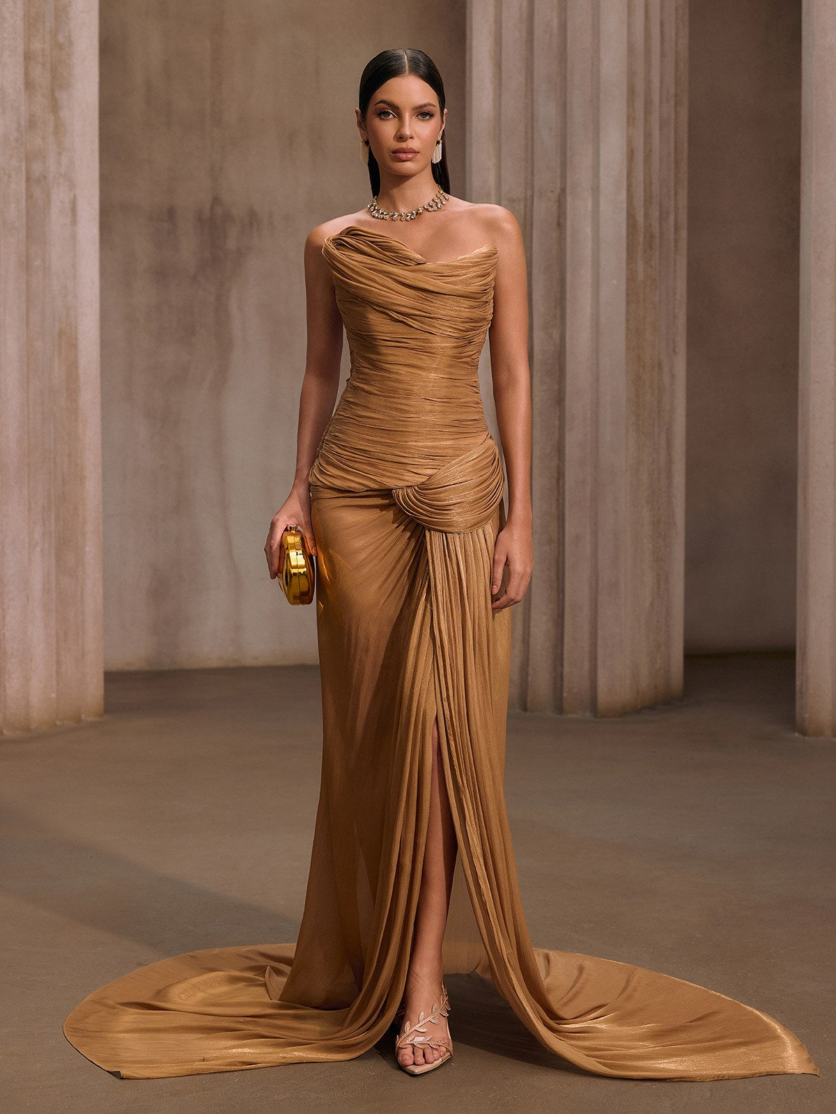 Mew Mews Kawasakix Strapless Ruched Split Maxi Dress In Gold
