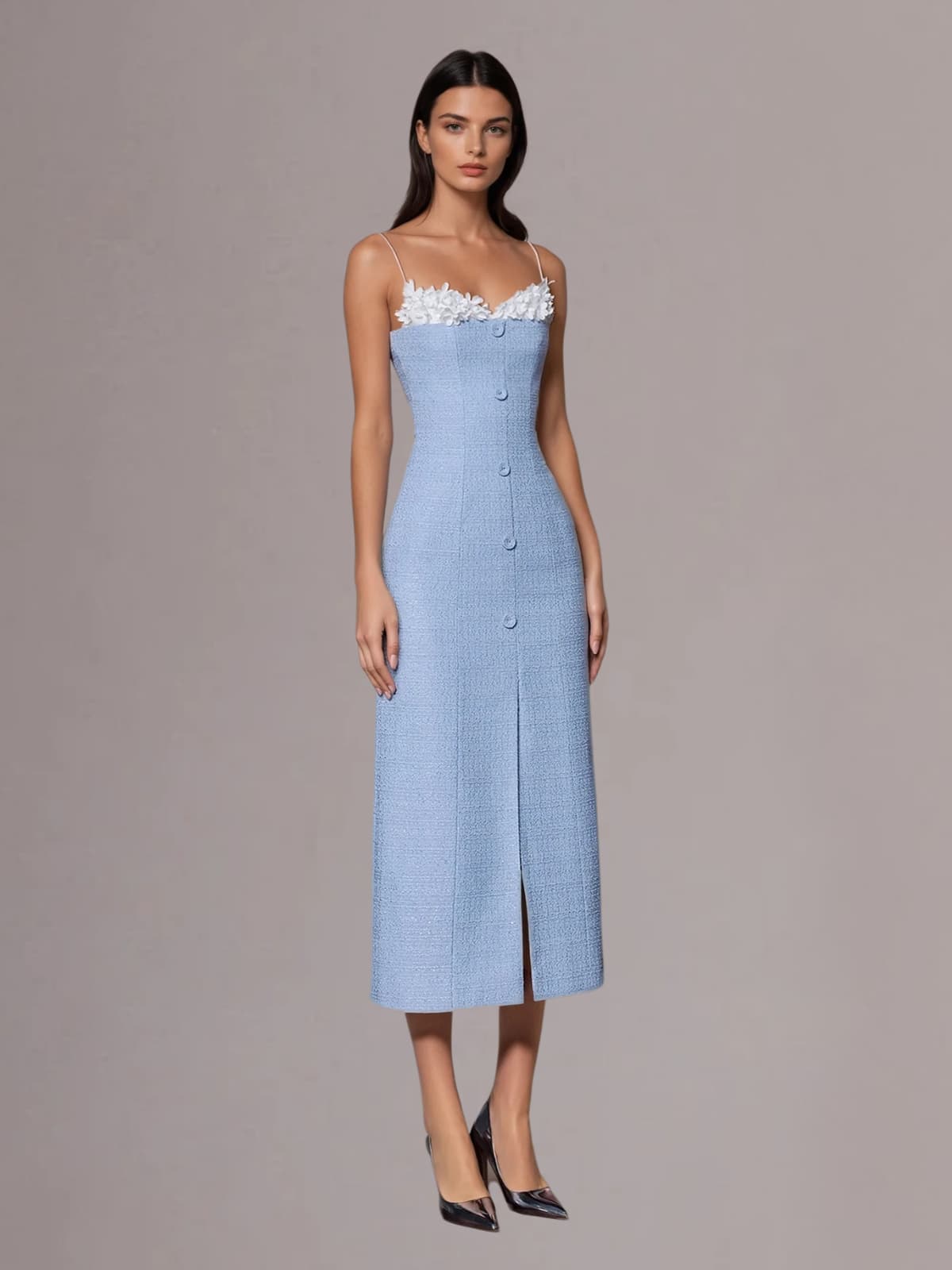 Mew Mews Kuratox Spaghetti Flower Split Midi Dress In Blue