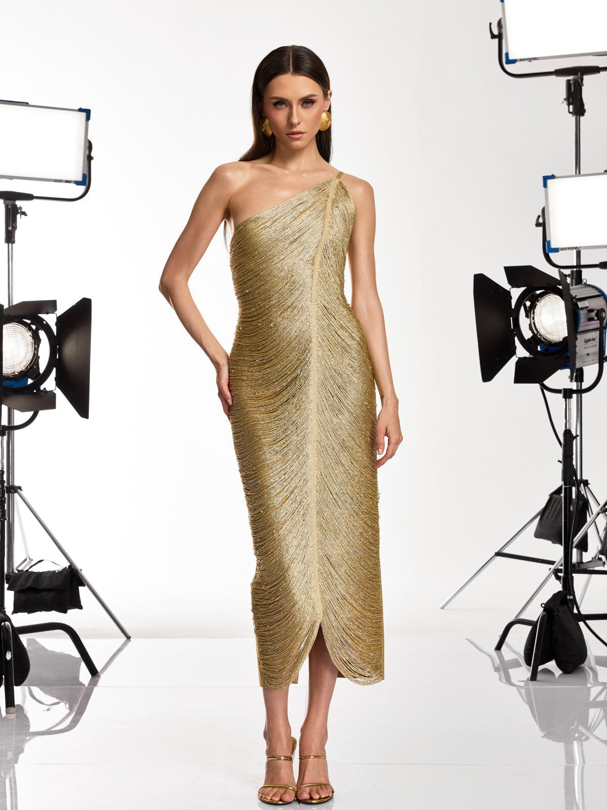 Mew Mews Lexila One Shoulder Fringe Midi Dress
