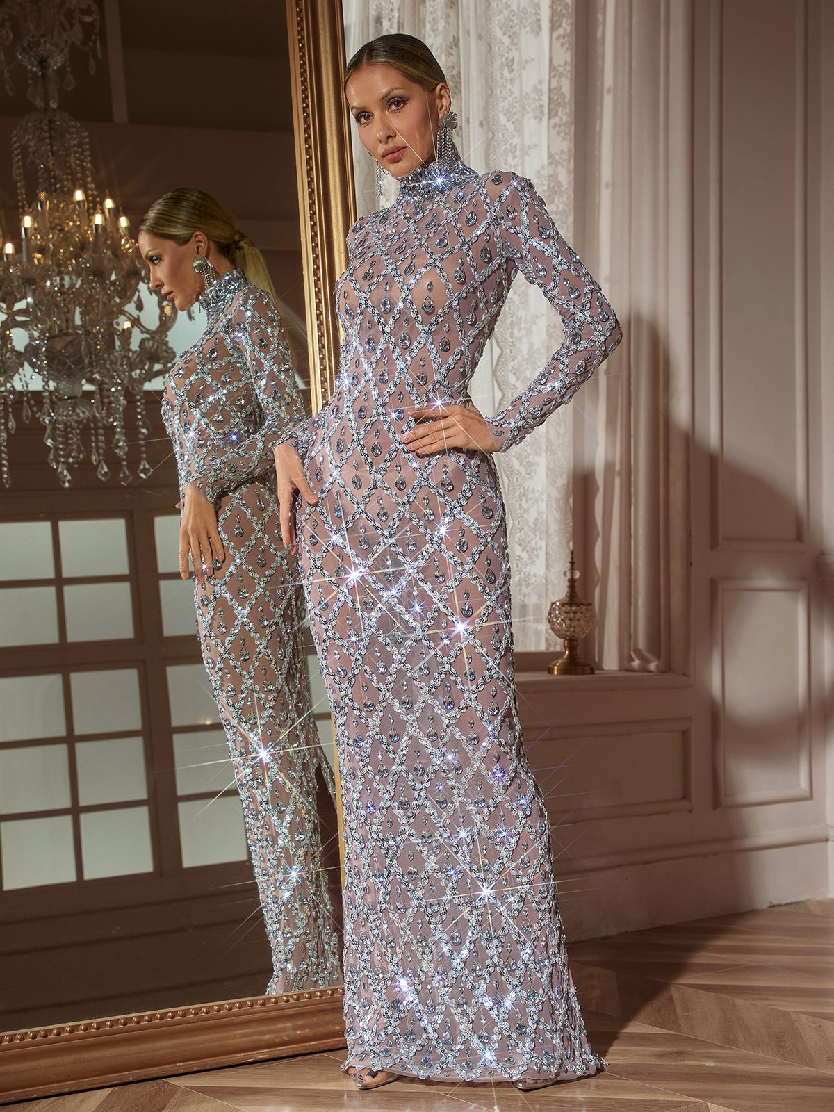 Mew Mews Liora Long Sleeve Sequin Crystal Maxi Dress In Silver Mew Mews Liora Long Sleeve Sequin Crystal Maxi Dress In Silver