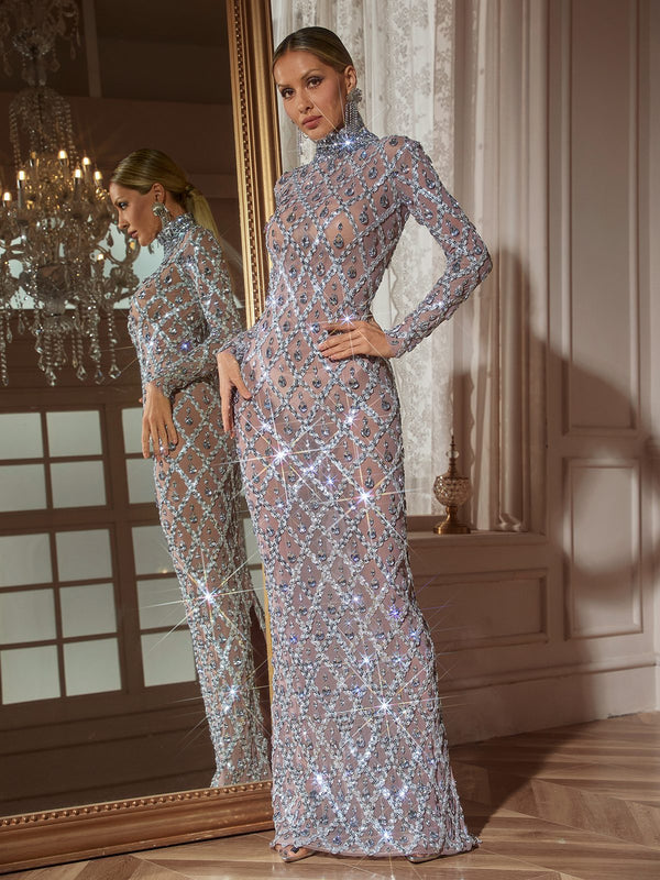 Liora Long Sleeve Sequin Crystal Maxi Dress In Silver Liora Long Sleeve Sequin Crystal Maxi Dress In Silver