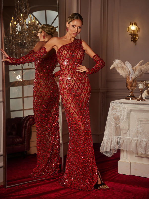 Mew Mews Liora One Shoulder Sequin Crystal Maxi Dress With Gloves In Red Mew Mews Liora One Shoulder Sequin Crystal Maxi Dress With Gloves In Red
