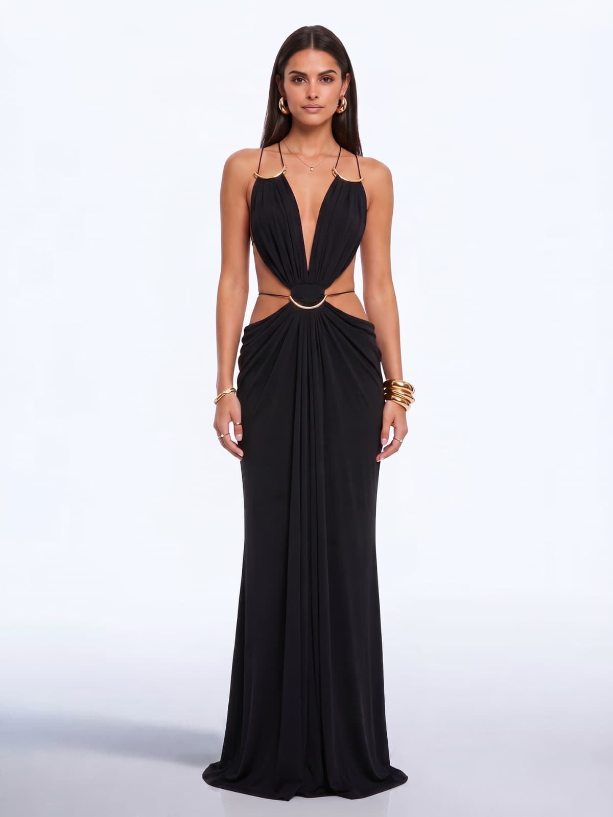 backless cut out maxi dress Mew Mews Lorysa Cutout In Black Cowl Back Satin Bridesmaid cotton modal jersey catching light with every Size:XL / US 12-14