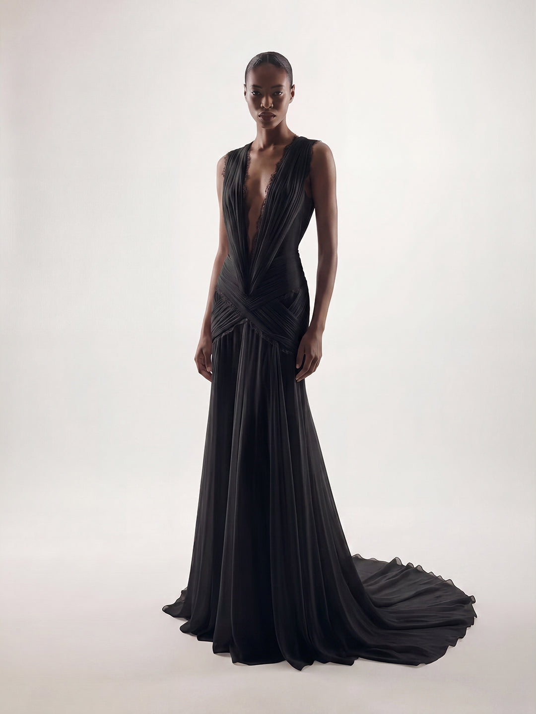 Mew Mews Lynoxa Plunge Neck Lace Ruched Maxi Dress In Black