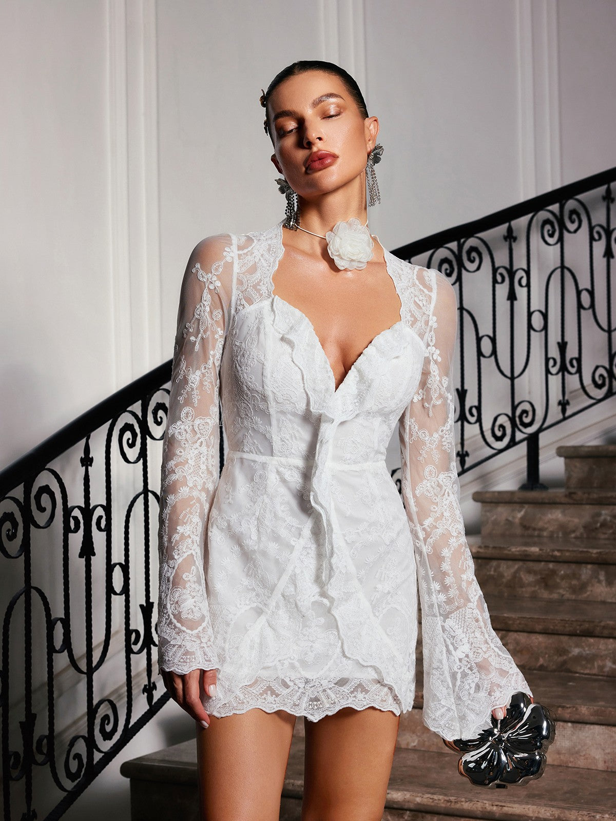 Mew Mews Lytar Flare Sleeve Lace Mini Dress Mew Mews Lytar Flare Sleeve Lace Mini Dress