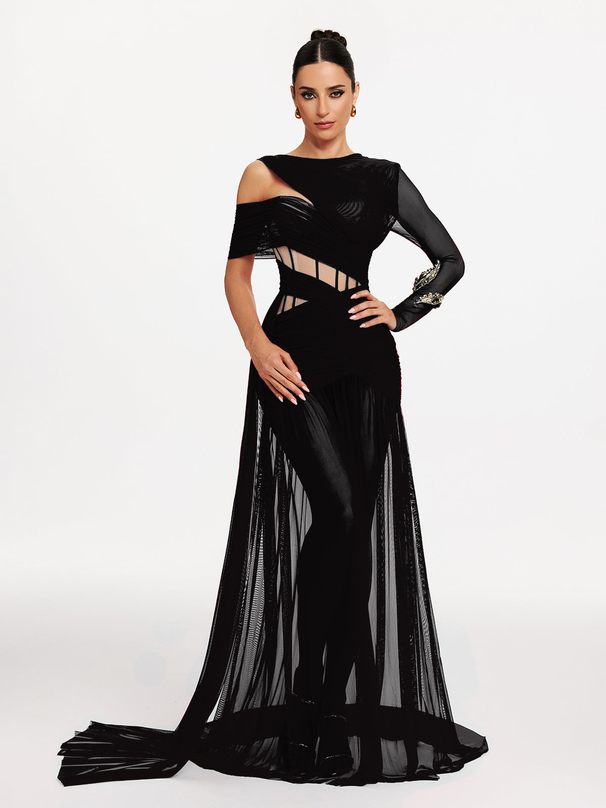 cut out mesh maxi dress Malati Corset Cutout Mesh Maxi Dress In Black