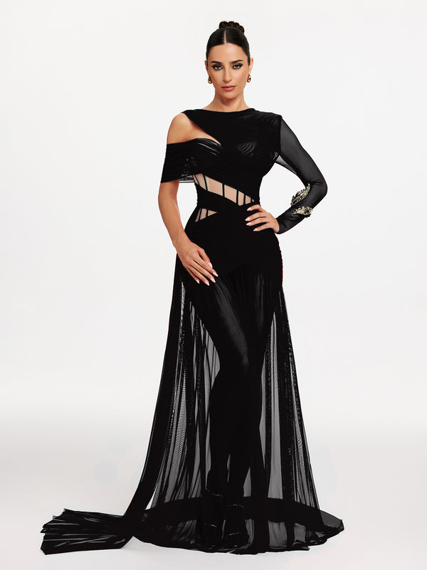 Mew Mews Malati Corset Cutout Mesh Maxi Dress in Black Mew Mews Malati Corset Cutout Mesh Maxi Dress in Black