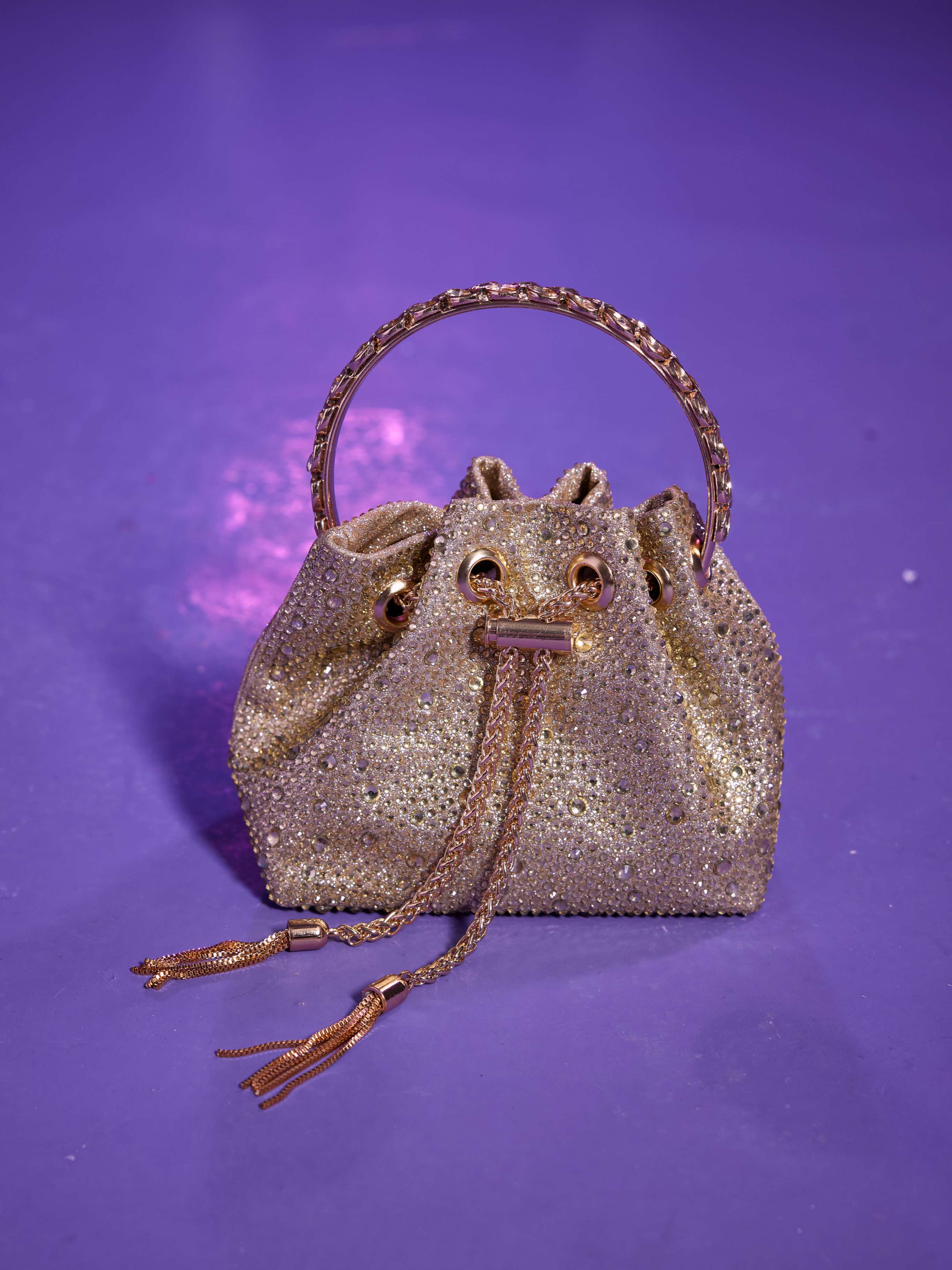 Mattea Crystal Embellished Heels And Bucket Bag Set In Gold – Mew Mews ...