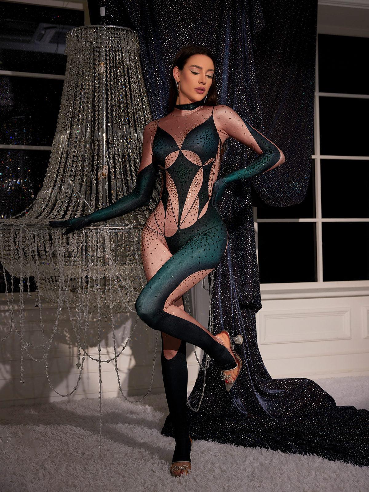 Metra Body Printed Rhinestone Gloves Jumpsuit In Green – Mew Mews Fashion