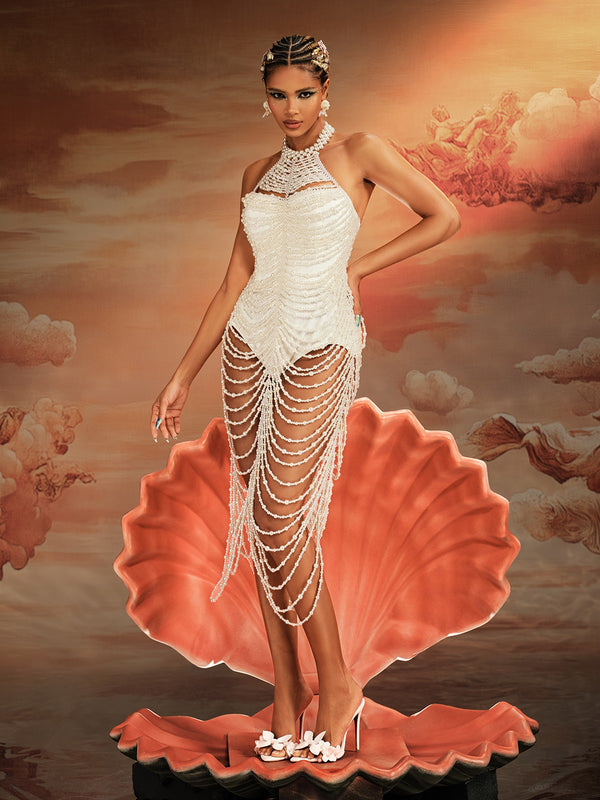 Nicola Halterneck Pearl Fringe Maxi Dress – Mew Mews