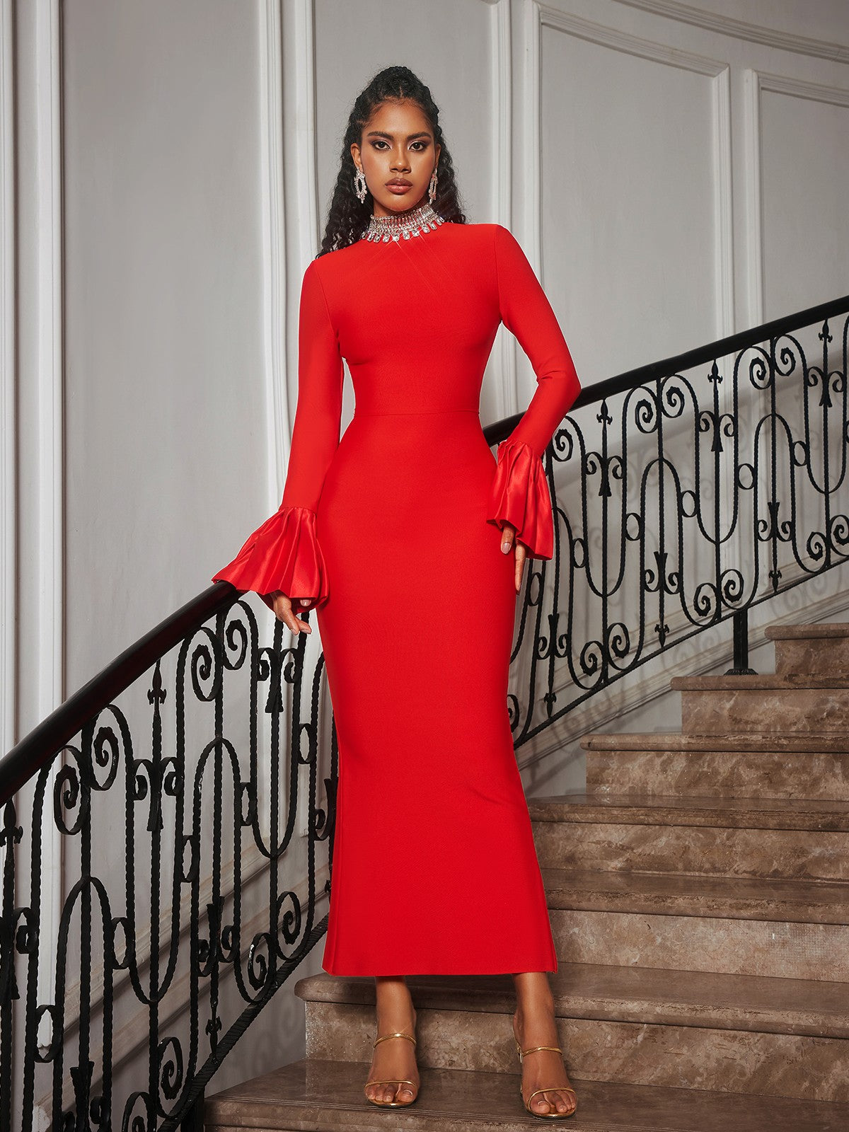 Omer Rhinestone Bandage Dress In Red – Mew Mews