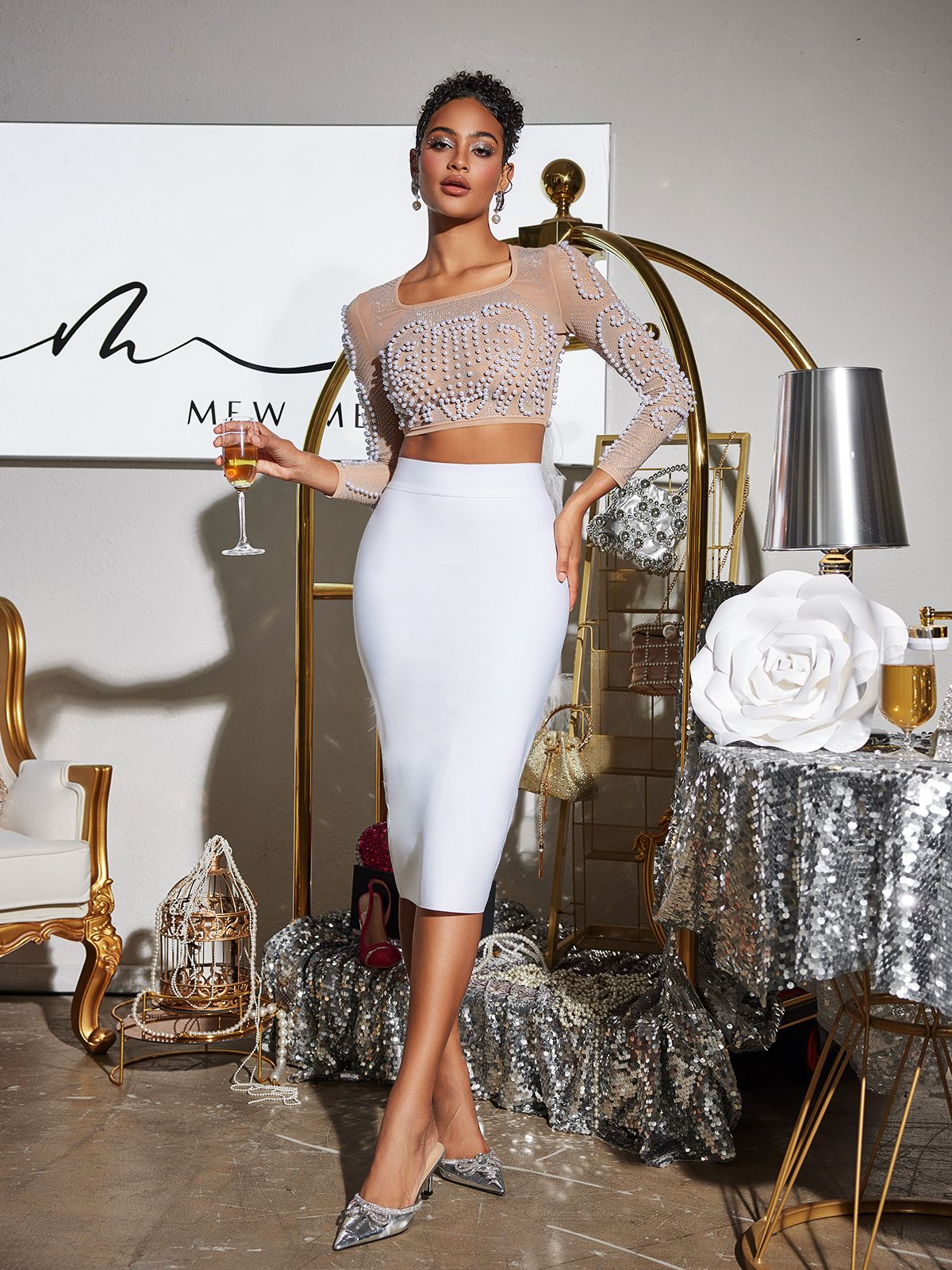 Ozlem Pearl Bandage Skirt Set In White