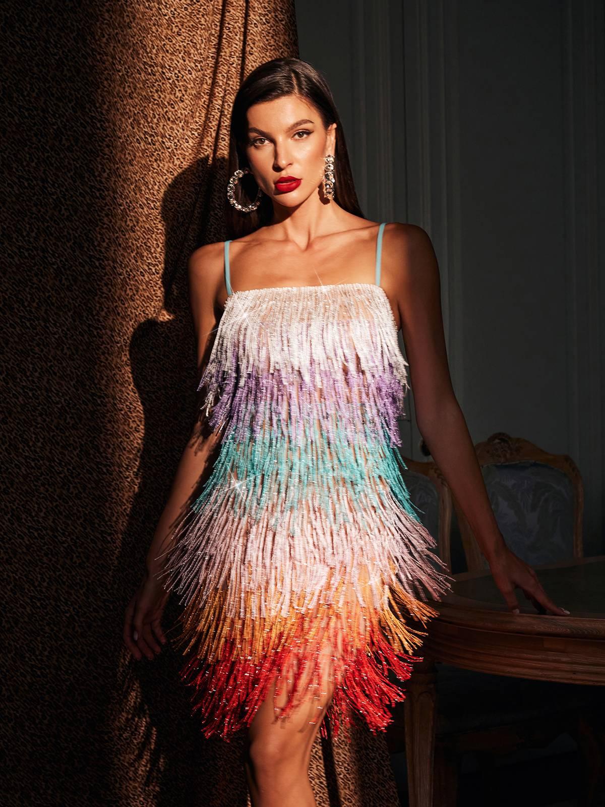 Pamina Spaghetti Glitter Fringe Mini Dress – Mew Mews