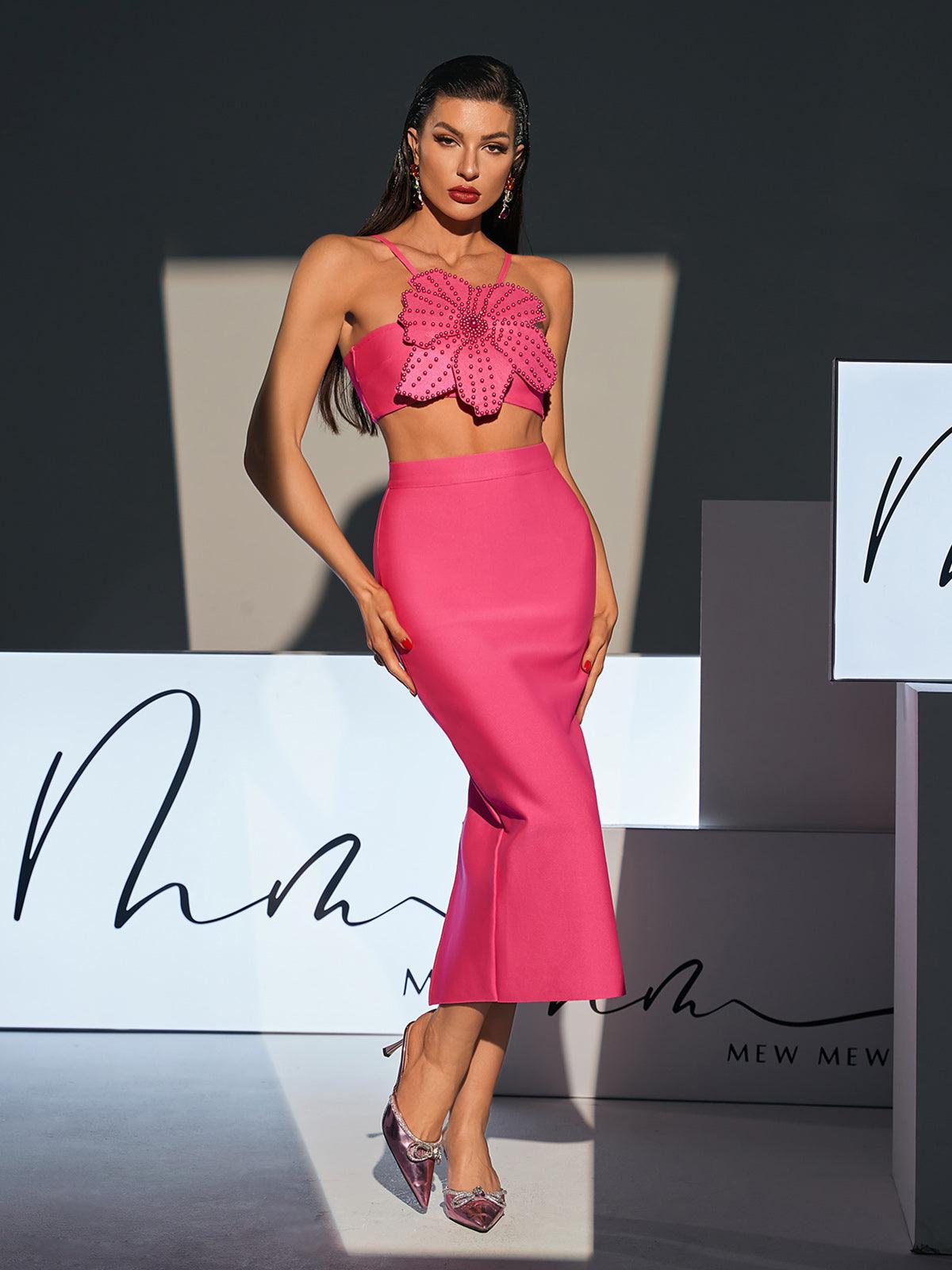 Patsy Flower Pearl Bandage Skirt Set In Hot Pink – Mew Mews Fashion